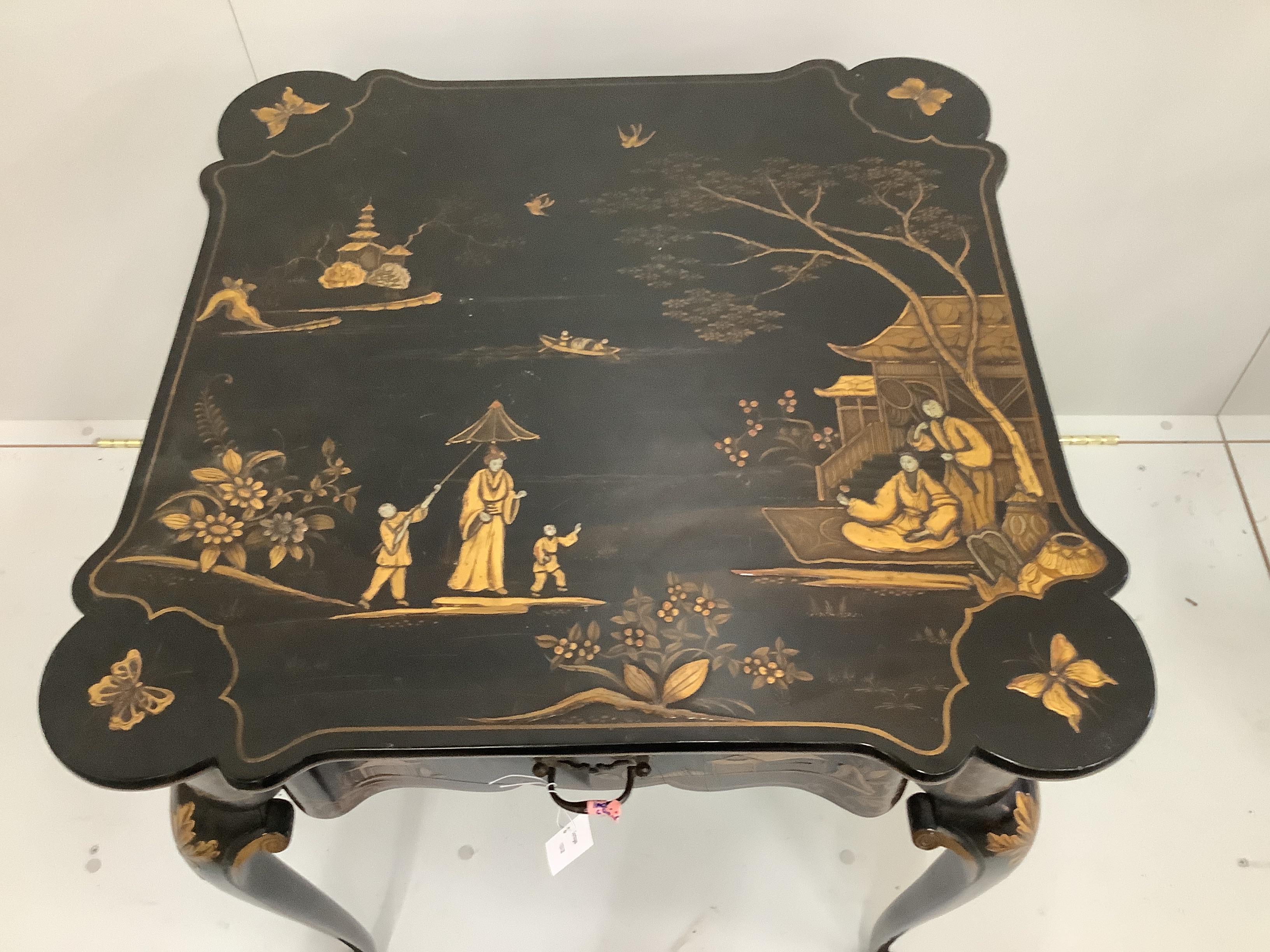 An early 20th century chinoiserie lacquer square table, width 65cm, height 71cm